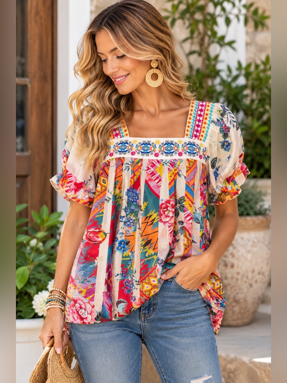 Johnny Was 100% Silk Floral Boho Peasant Blouse Tunic Size M